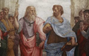 L'immagine mostra un dettaglio della celebre Scuola di Atene, un affresco dipinto da Raffaello Sanzio tra il 1509 e il 1511 e conservato nella Stanza della Segnatura dei Musei Vaticani.