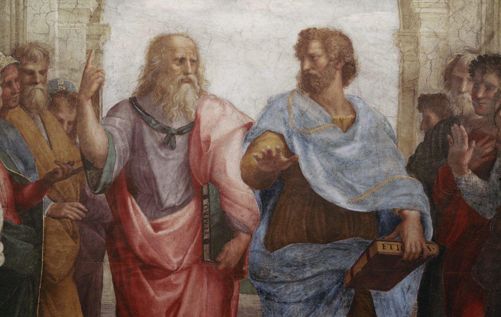 L'immagine mostra un dettaglio della celebre Scuola di Atene, un affresco dipinto da Raffaello Sanzio tra il 1509 e il 1511 e conservato nella Stanza della Segnatura dei Musei Vaticani.