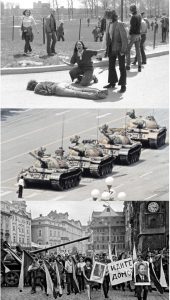 L'immagine è un collage storico che mostra tre celebri momenti di protesta e repressione del XX secolo, associati a simboli della resistenza civile contro i regimi autoritari.La foto in alto ritrae il massacro di Kent State del 4 maggio 1970, in cui la Guardia Nazionale dell'Ohio uccise quattro studenti durante una protesta anti-guerra negli Stati Uniti (la studentessa Mary Ann Vecchio disperata accanto al corpo di Jeffrey Miller).La foto al centro immortala il celebre e anonimo rivoltoso noto come "Tank Man" [durante le proteste di Piazza Tienanmen](wikipedia.org sconosciuto) a Pechino, nel giugno del 1989.La foto in basso documenta la resistenza dei cittadini durante l'invasione della Cecoslovacchia (Primavera di Praga) nell'agosto del 1968, con manifestanti che affrontano i carri armati del Patto di Varsavia.