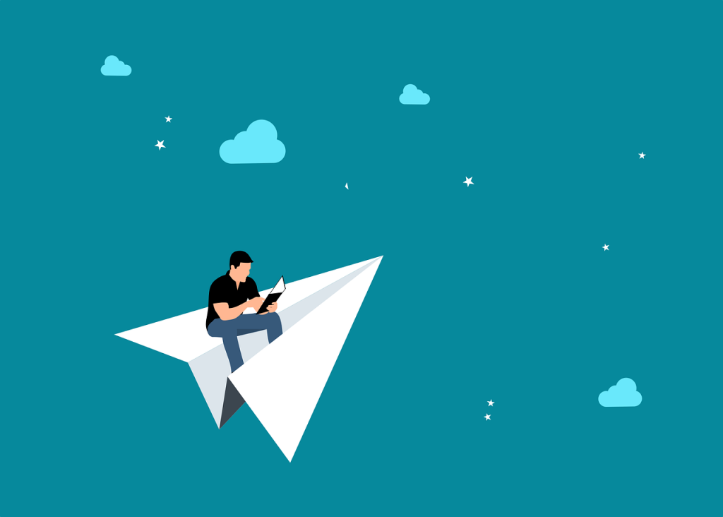 L'immagine illustrata rappresenta un'allegoria visiva incentrata sui concetti di immaginazione, apprendimento e crescita personale attraverso la lettura e il volo creativo.