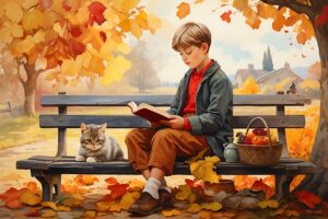 bambino che legge un libro in un bosco