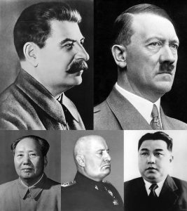 L'immagine mostra un collage di importanti leader totalitari del XX secolo.I leader raffigurati (da sinistra a destra, in alto e in basso):Iosif Stalin (Unione Sovietica)Adolf Hitler (Germania)Mao Zedong (Cina)Benito Mussolini (Italia)Kim Il-sung (Corea del Nord)