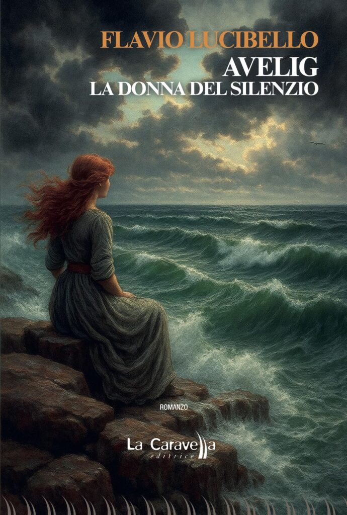 Copertina del libro Avelig la donna del silenzio. La copertina riporta una donna seduta su uno scoglio con le onde che lo lambiscono, lo sguardo della donna guarda l'orizzonte