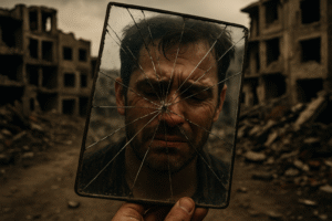 immagine di un uomo su uno specchio rotto